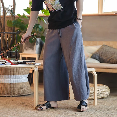Эластичный пояс широкие брюки мужские японские кимоно стиль модные повседневные юбки брюки мужские однотонные брюки шаровары - Цвет: Темно-серый