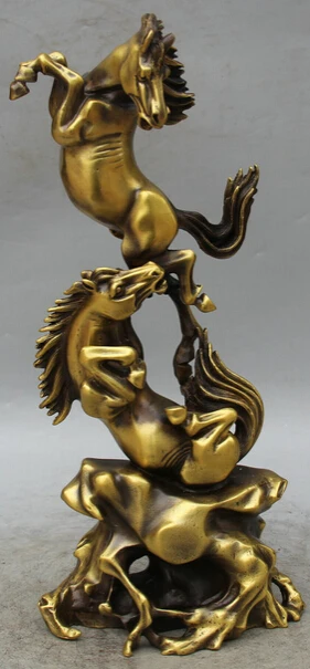

JP S0524 16" Chinese Copper success Feng Shui Zodiac Year Two Horse play Statue sculpture