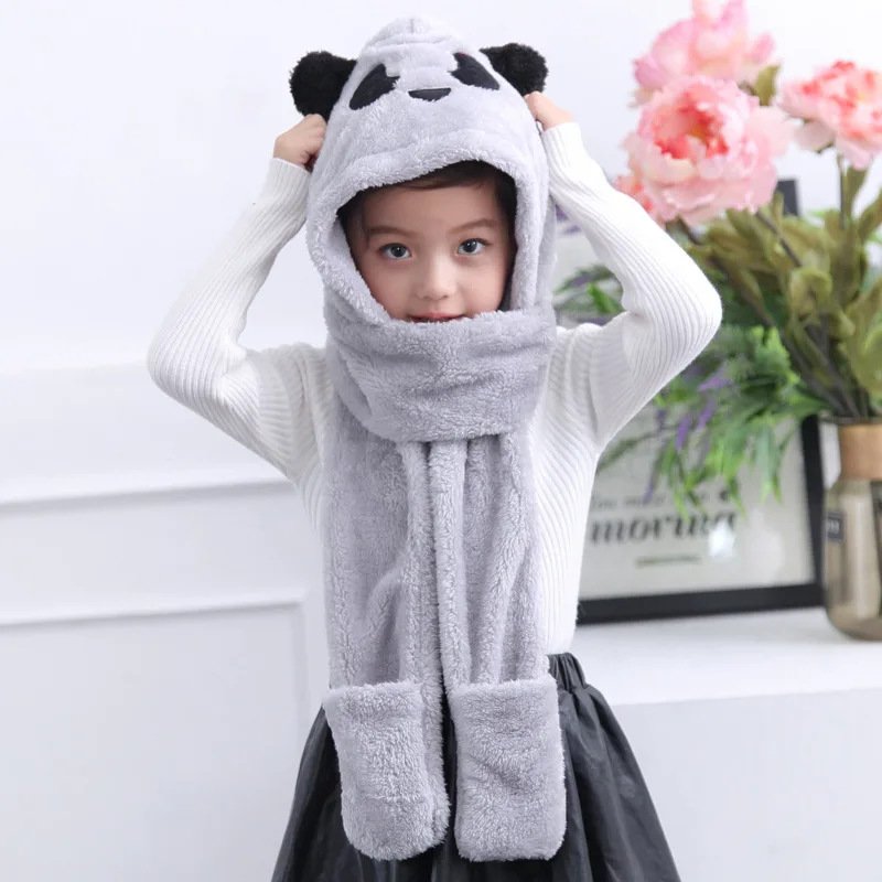 Зимний детский шарф из 3 предметов, шапка и наборы с перчатками для мальчиков и девочек, зимний теплый шарф, шейный платок, детские шапки, животное панда из мультфильма, шали