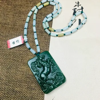 

Zheru Jewelry Pure Natural Jasper Carved Good Fortune Horse Pendant Three Color Jadeite Bead Necklace Send Class A Certificate