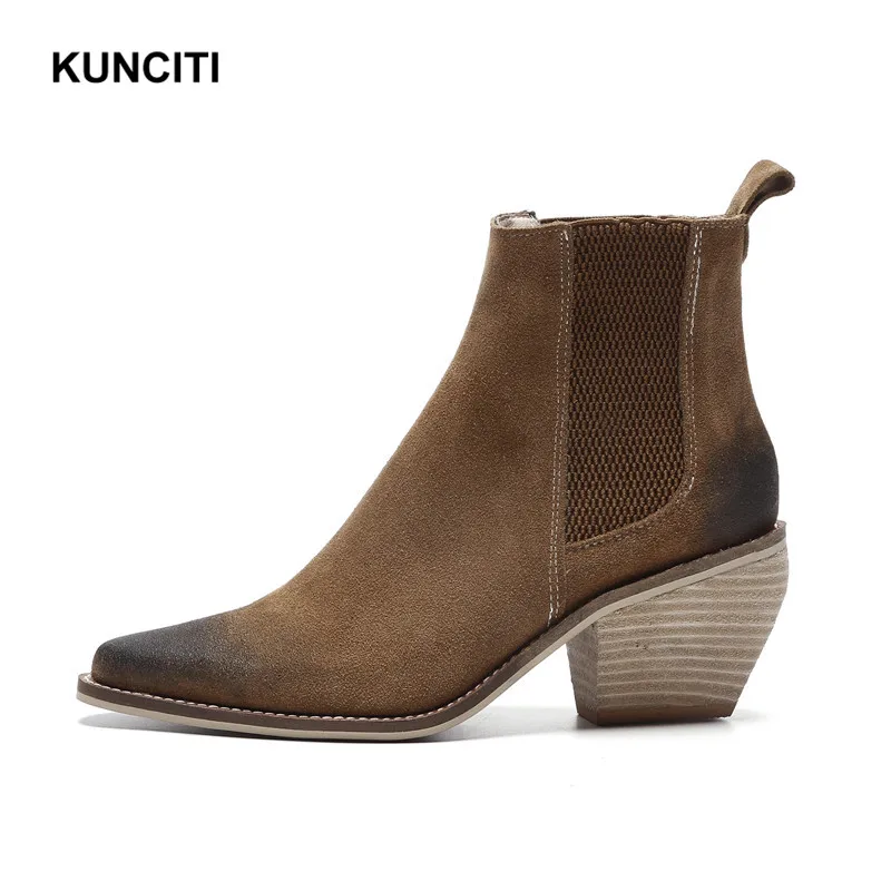 KUNCITI/; винтажные женские ботильоны в стиле ретро; замшевые женские короткие ботиночки; обувь на высоком каблуке в ковбойском стиле; D461