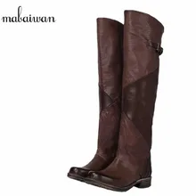 Mabaiwan/Новые модные ковбойские сапоги в стиле милитари; женская обувь до колена; мотоботы из натуральной кожи; обувь в стиле ретро с пряжкой; женская обувь на плоской подошве