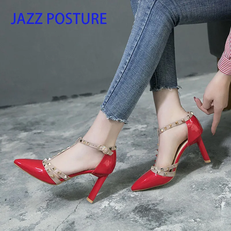 

2019 fashion banquet Pumps shoes Sexy Pointed toe rivet women Shoes Thin Heels Hollow super High heel shoes y048