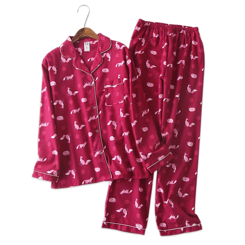 Сексуальная лиса 100% щеткой хлопок для женщин пижамы для девочек осень с длинным рукавом Уютный милый лиса пижамы