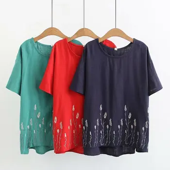 

New 2019 Spring Summer Women T Shirt Oversized Big Plus Size cotton floral Ladies Casual O Neck Embroidery Tee Shirts