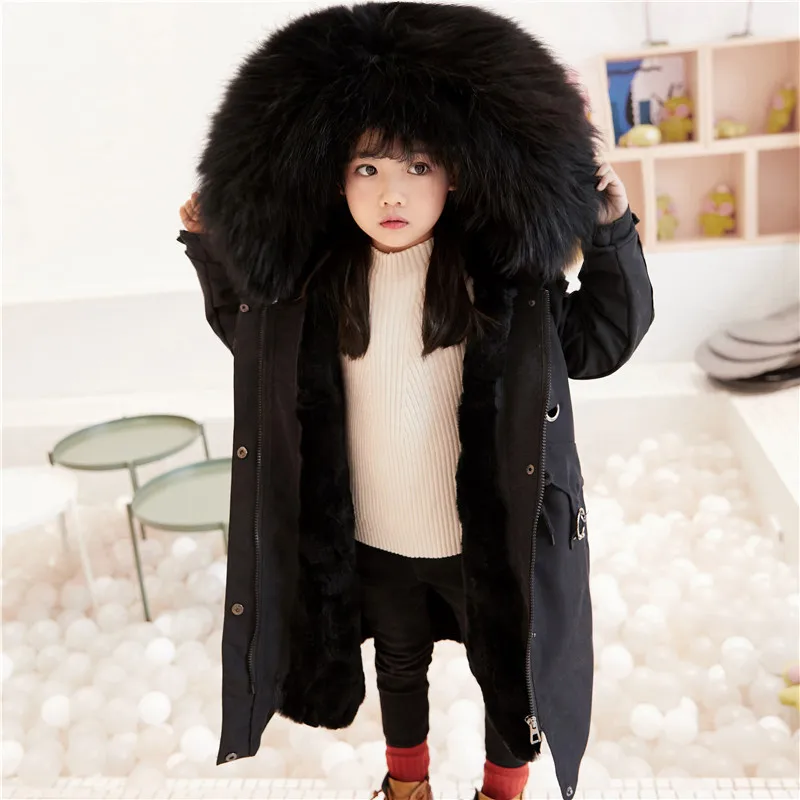 

JKP fashion coat baby rex rabbit fur big raccoon fur collar to overcome children's clothing winter thick warm long coat CT-69