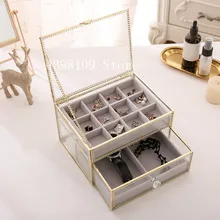 Ретро медная Стеклянная Двойная шкатулка для ювелирных изделий, отделочная коробка для часов, серьги, ожерелье, стеллаж для хранения, настольная коробка для хранения
