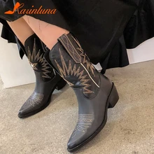 KARINLUNA/ботинки из натуральной кожи в стиле ретро женские ботинки на толстом каблуке Женские повседневные ковбойские ботинки женские ботинки