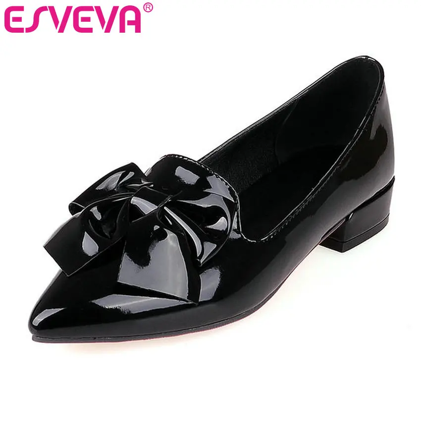 

ESVEVA Bow Tie Pu Patent Leather Pointed Toe Women Pumps Slip On Square Heels Autumn/Spring Miss Party Shoes Size 34-43 Black