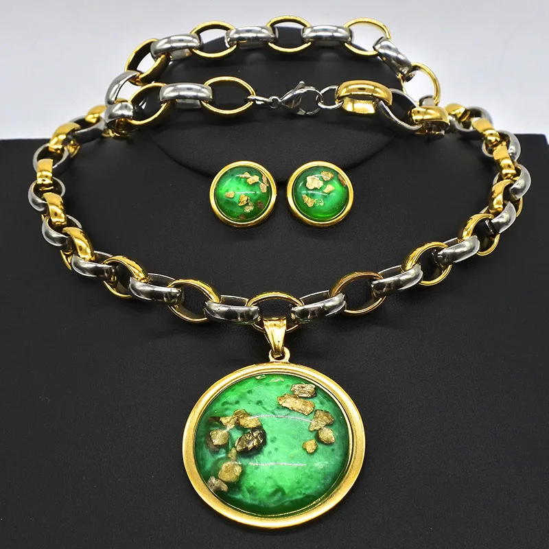 AMUMIU jewelry sets green purple stone pendant earth natural stone woman Pendent Necklace Bracelet Earrings set gold JS019 Fashion Jewelry