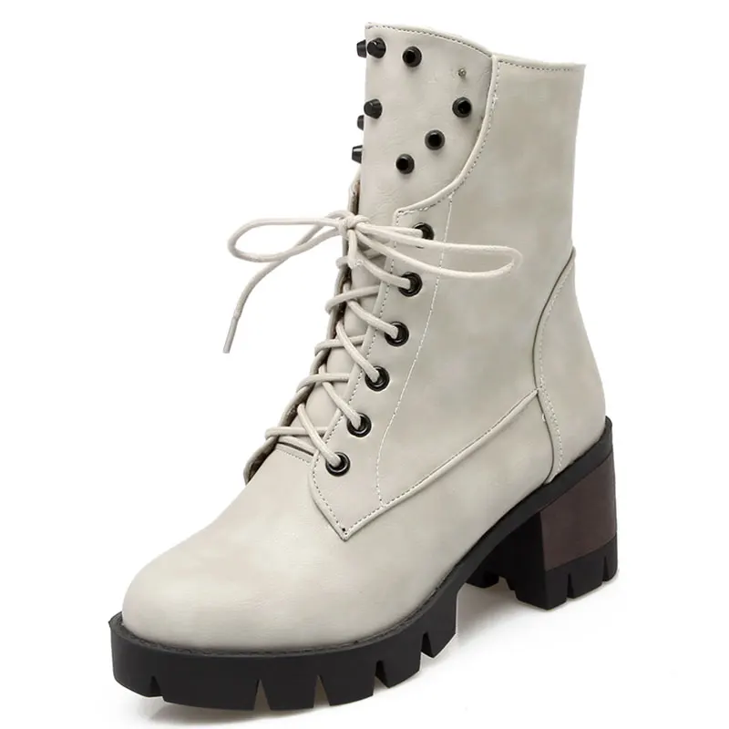 

winter shoes woman lace-up metal revists round toe punk girl woman ankle boots med square heel solid color woman boots ss412