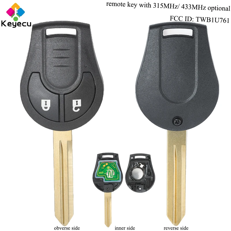 

KEYECU Replacement Remote Car Key- 2 Buttons & ID46 Chip & 315MHz/ 433MHz - FOB for Nissan March Sunny Micra K14 Juke CWTWB1U761