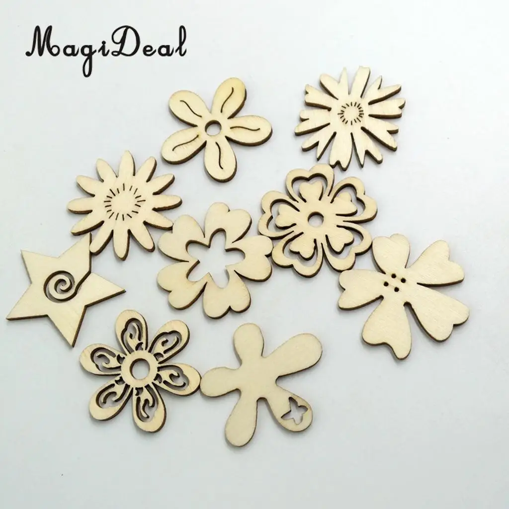 MagiDeal 50 Pieces Mixed Natural Wood Flower Shapes Embellishment Craft Scrap Booking Card Sign Making for Party Decor Favor 