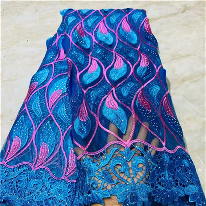 

blue African cord lace fabric with stone latest african laces 2019 high quality guipure lace nigerian lace fabrics for dress