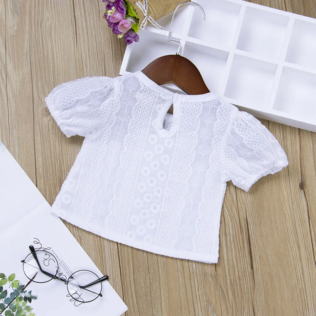 Короткий топ для новорожденных девочек, однотонная Кружевная футболка с рукавами Топы, укороченные топы для девочек, летний топ для детей, мода, 20-25