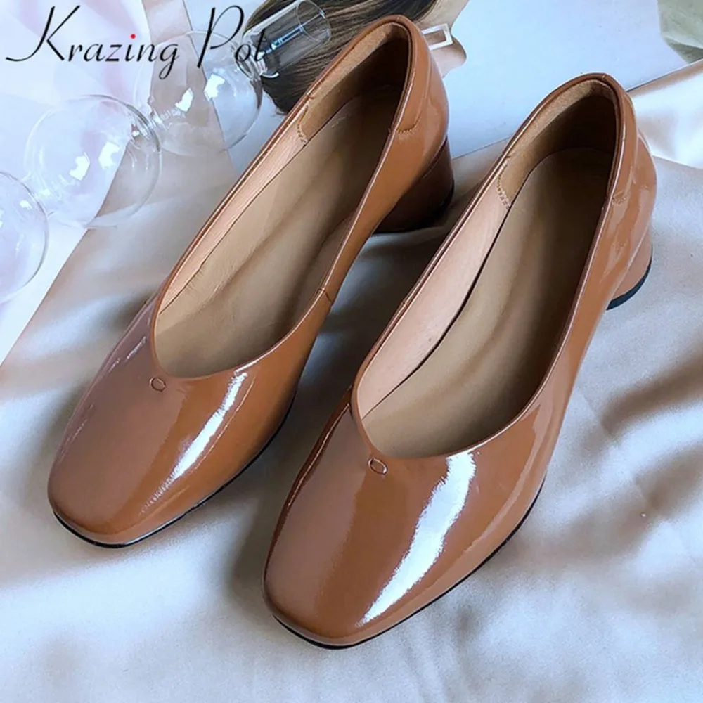 

Krazing pot office lady European superstar round med heels natural leater slip on square toe dress wedding pumps daily shoes L09
