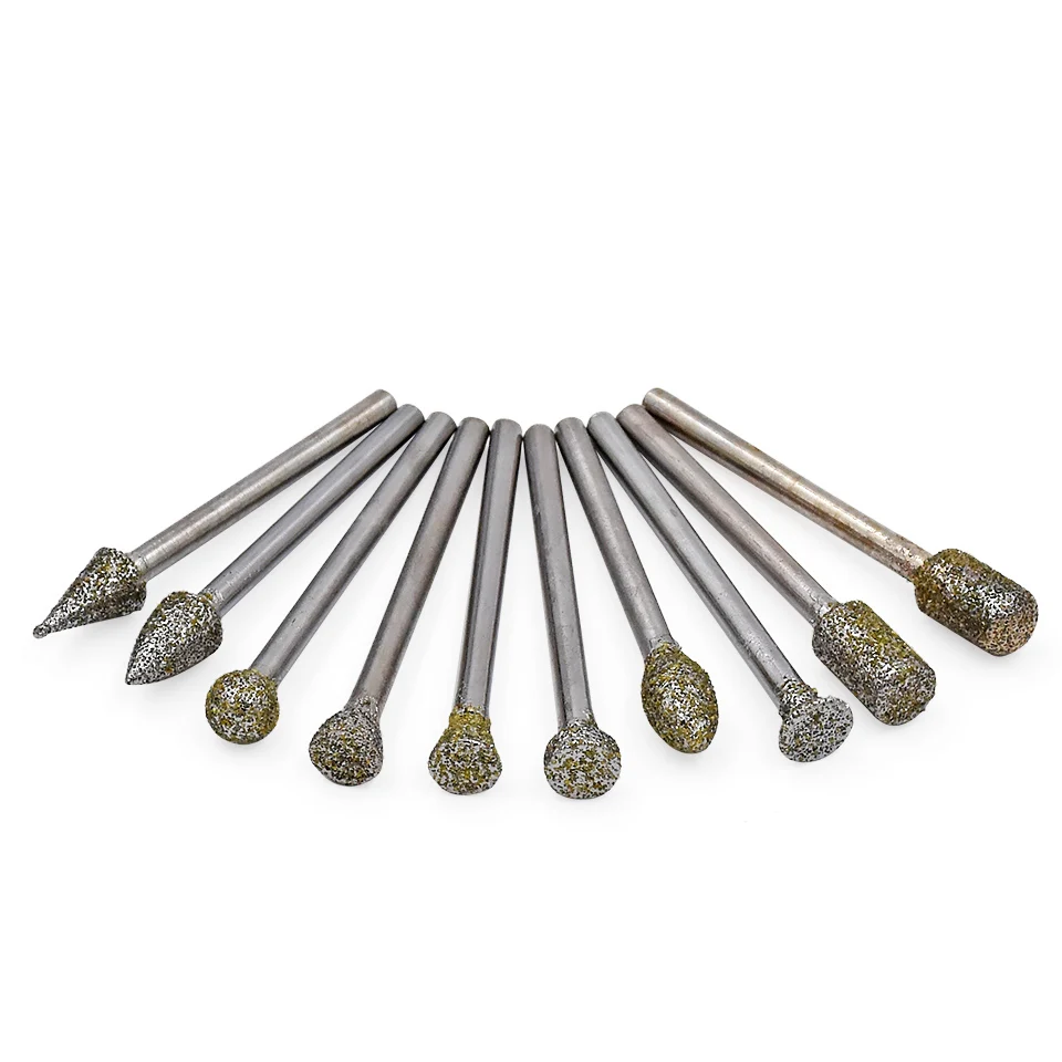 10pcs Abrasive Tools Diamond Grinding Burrs Drill Bit Mounted Point Kit