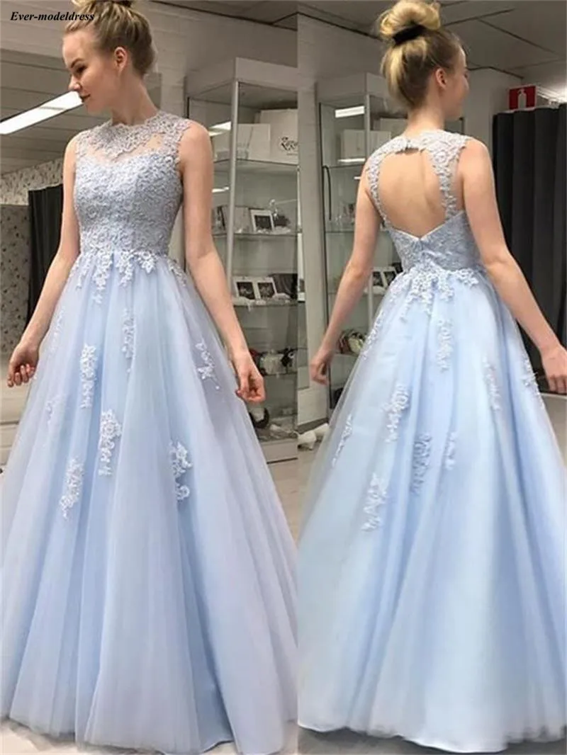 

Light Sky Blue Lace Prom Dresses 2019 O-Neck Appliques Illusion Floor Length A-Line Girls Graduation Party Gowns Robe Gala