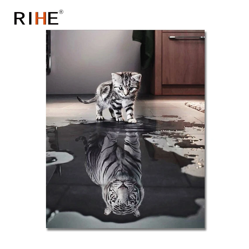 

RIHE Cat Reflection Tiger Diy Painting By Numbers Animal Oil Painting On Canvas Hand Painted Cuadros Decoracion Acrylic Paint