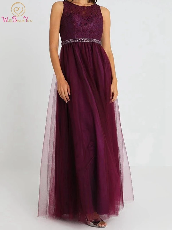 

Grape Purple Evening Gown Tulle Soft Lace Key Hole Back Floor Length A-line Sleeveless Vintage Beading Crystals Belt Prom Gown