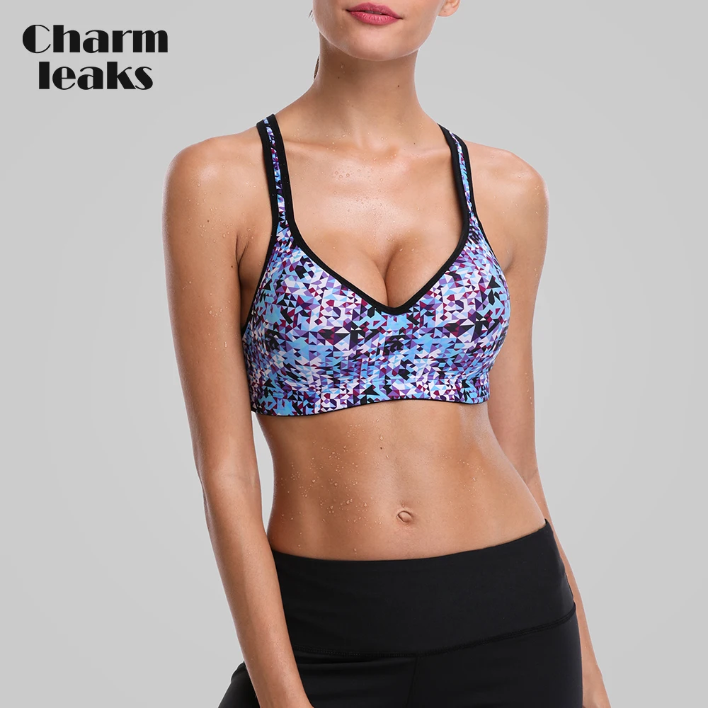 Charmleaks Women Sports Bra Medium Impact Floral Print Backcross Yoga Bra Padded Outdoor Running Bra Underwear Fitness Sport Top