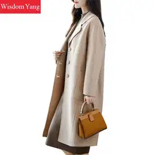 Elegante Winterjas Kaki Schapenwol Casual Koreaanse Jassen Xlong Vrouwen Vrouwelijke Knop Wollen Overjas Zakken Slim Lady Bovenkleding(China)