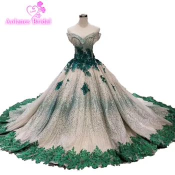 

Green Lace Prom Dresses Evening Dresses Large Size Ball Gown Evening Tulle Crystals Beads Party Gown 2019 Vestido De Festa Longo