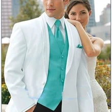 Изготовленные На Заказ лучшие продажи белый Жених мужские костюмы для смокингов, на заказ белый смокинг с синим жилетом, на 1 пуговице заостренный лацкан пальто