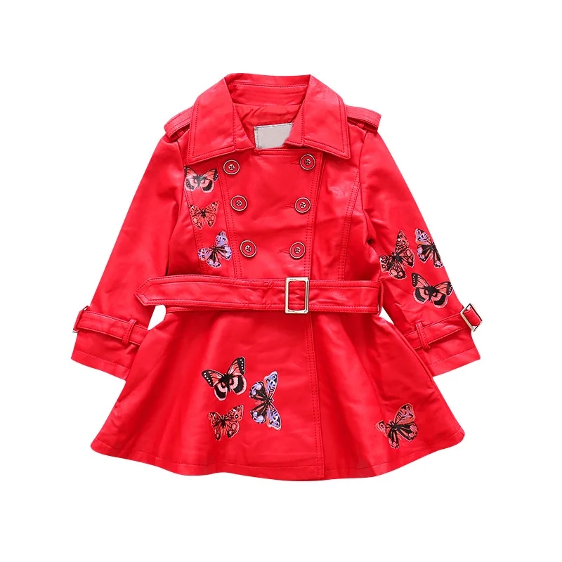

New Girl Embroidered Butterfly Slim Long Fringe Jacket Fashion Girl Red Black Leather Coat Princess Outwear Kids Jacket 18M06