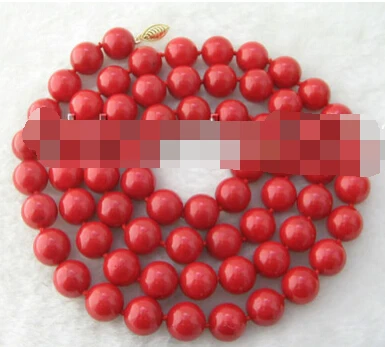 

Jewelr 004891 Gorgeous AAAA 34" 8mm natural perfect round red coral necklace-14k gold clasp