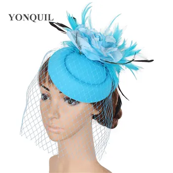 

Retail Elegant red veils hair fascinators for weddings women felt wool fedora hat with turquoise flower church headpieces SYF286