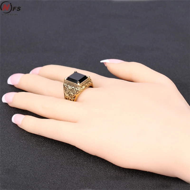 Ретро Черное кольцо класс средневековый стиль панк мужские кольца квадратный черный камень кольцо для женщин античный золотой цвет
