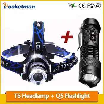 

LED Headlamp 3800LM headlight T6 18650 Head lights headlamps + Q5 Mini LED flashlight 2000lm Zoomable Torch Tactical z82