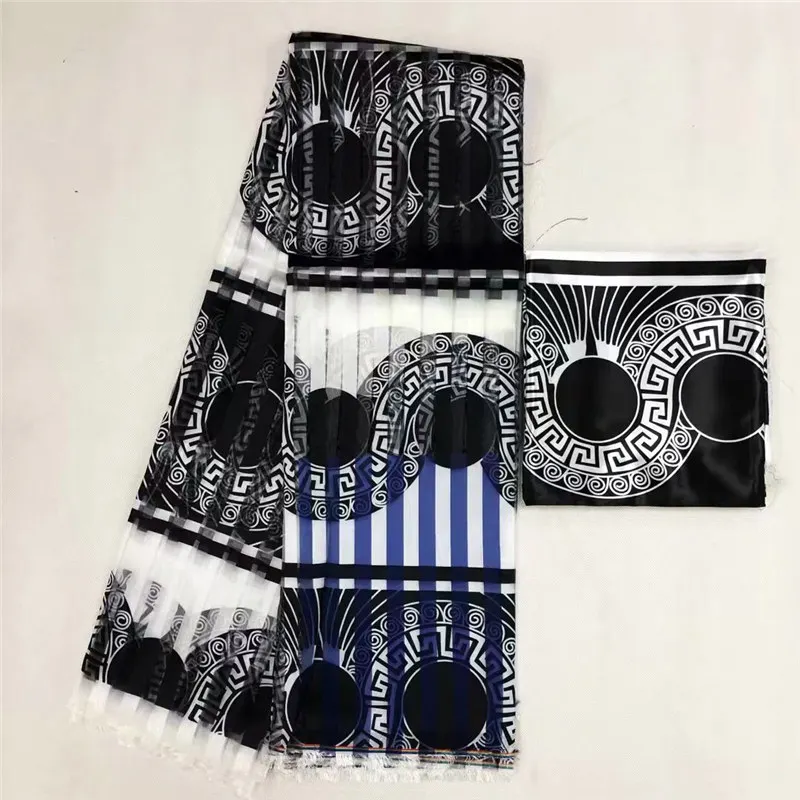 

Black And White African Printed Satin Silk Fabric with Organza Wax Prints 4yards Organza Chiffon and 2yards Silk Fabric 30