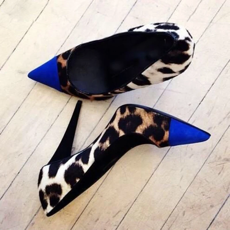 

Sexy Leopard Suede Leather Patchwork Pointed Toe Pumps Dress Shoes Blue toe Spike Heels Women Pumps Slip-on Party Dress Shoes