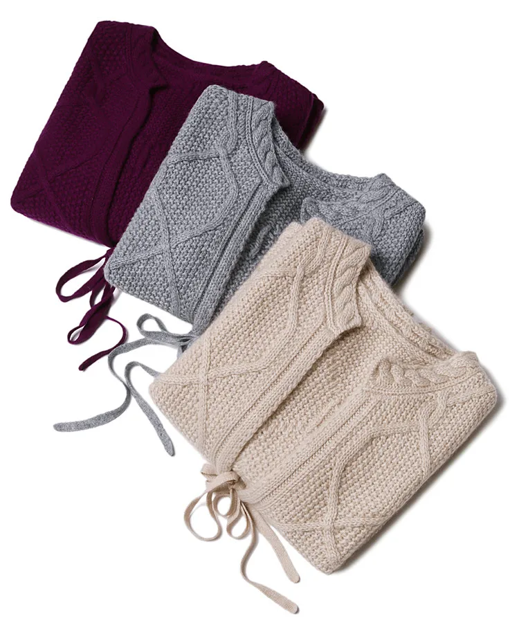  high grade 100%goat cashmere twisted knit women fashion belt short cardigan sweater coat low Oneck 