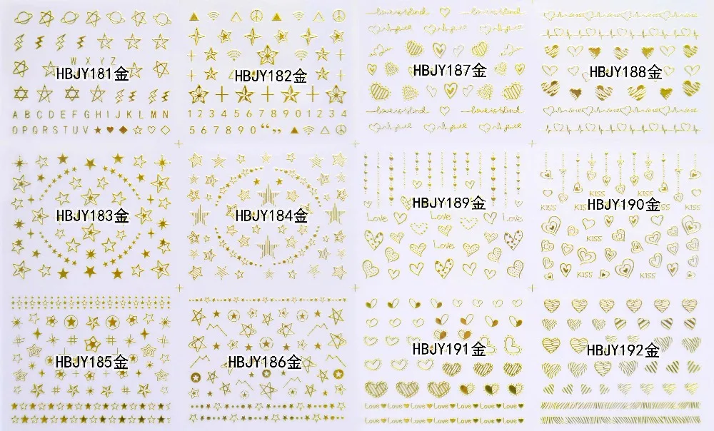 

12 PCS / LOT SELF-ADHESIVE 3D NAIL TATTOOS STICKER WHITE BLACK GOLD SILVER SWEET HEART STAR NECKLACE GALAXY PLANET HBJY181-192