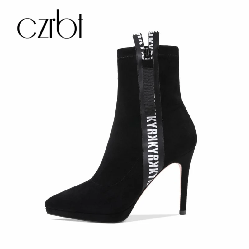 

czrbt 2018 Faux Suede zipper fashion Ankle Boots for Women Shoes Pointed Toe High Square Heel Botas Mujer Botte Femme