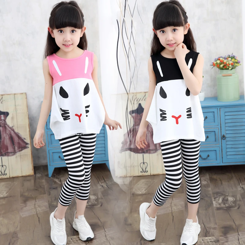 

JENYA Fashion Children Clothing Set Sport Suit Baby Girls Cartoon Print Vest+Striped Pants 2Pcs Set Twinset Kids Clothes 3-10Y