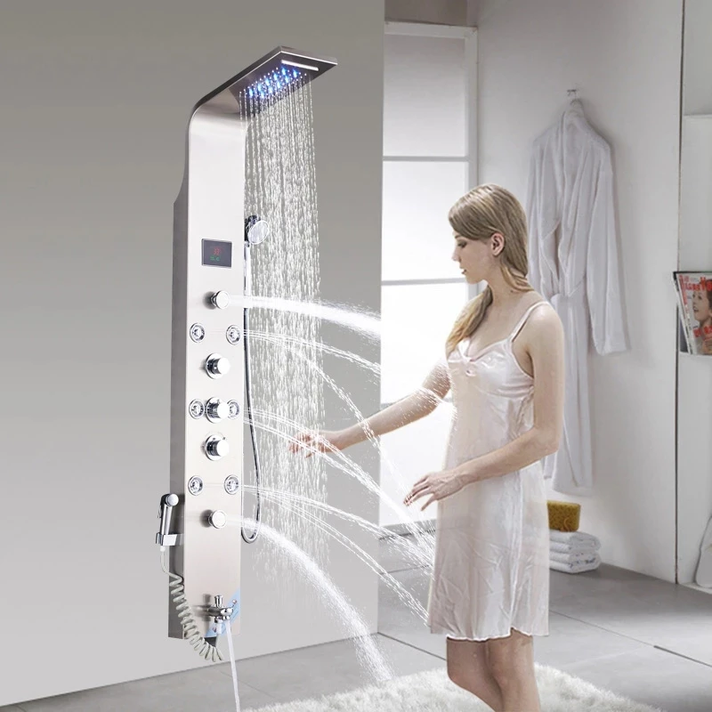 Bathroom Shower Panel Column Brushed Nickel LED Rain waterfall Shower Panel 6 Functions 2 massage Big display With Bidet Taps
