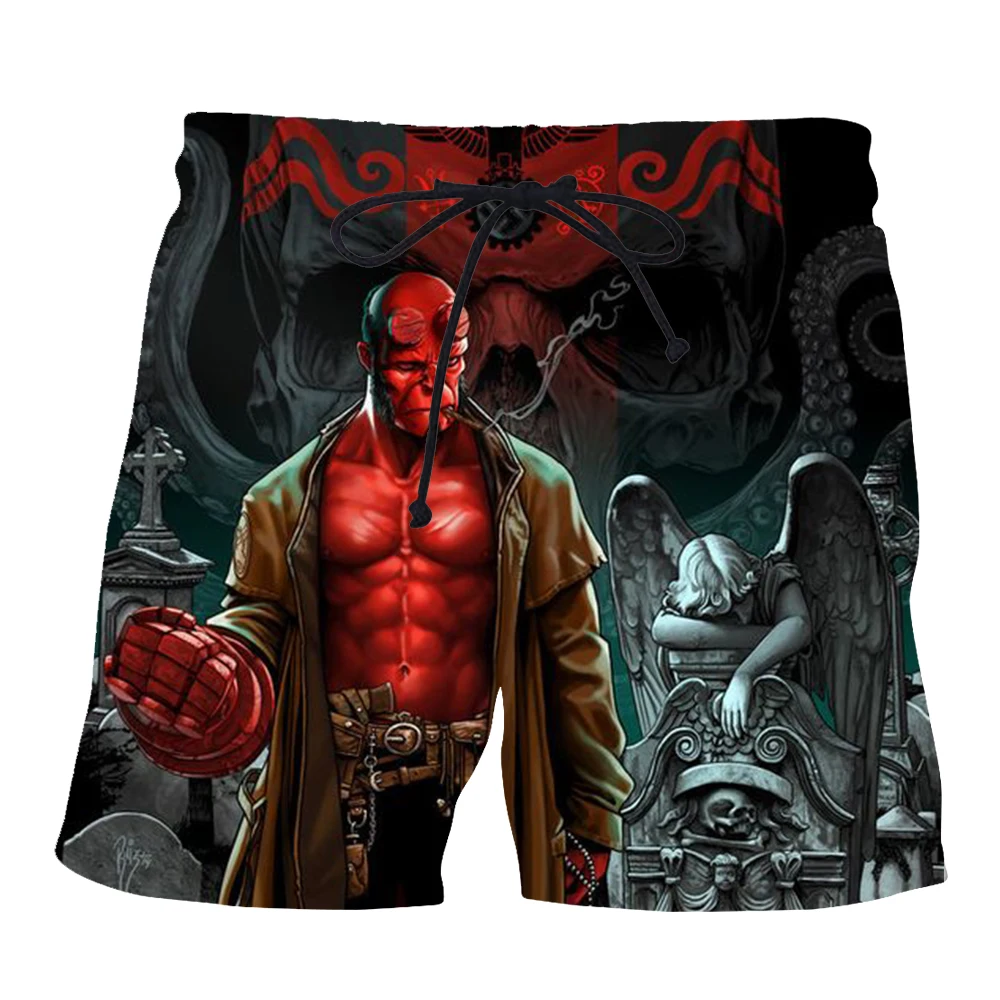 Новые модные мужские повседневные шорты, быстросохнущие летние пляжные шорты с принтом черепа/пистолета/динозавра hellboy, эластичные шорты с 3d принтом-7