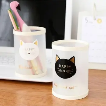 

1pc Kawaii Cartoon Cat Pen Holder Transparent Frosted Pen Organizer Detachable Stationery Bucket Pencil Case Office Accessories