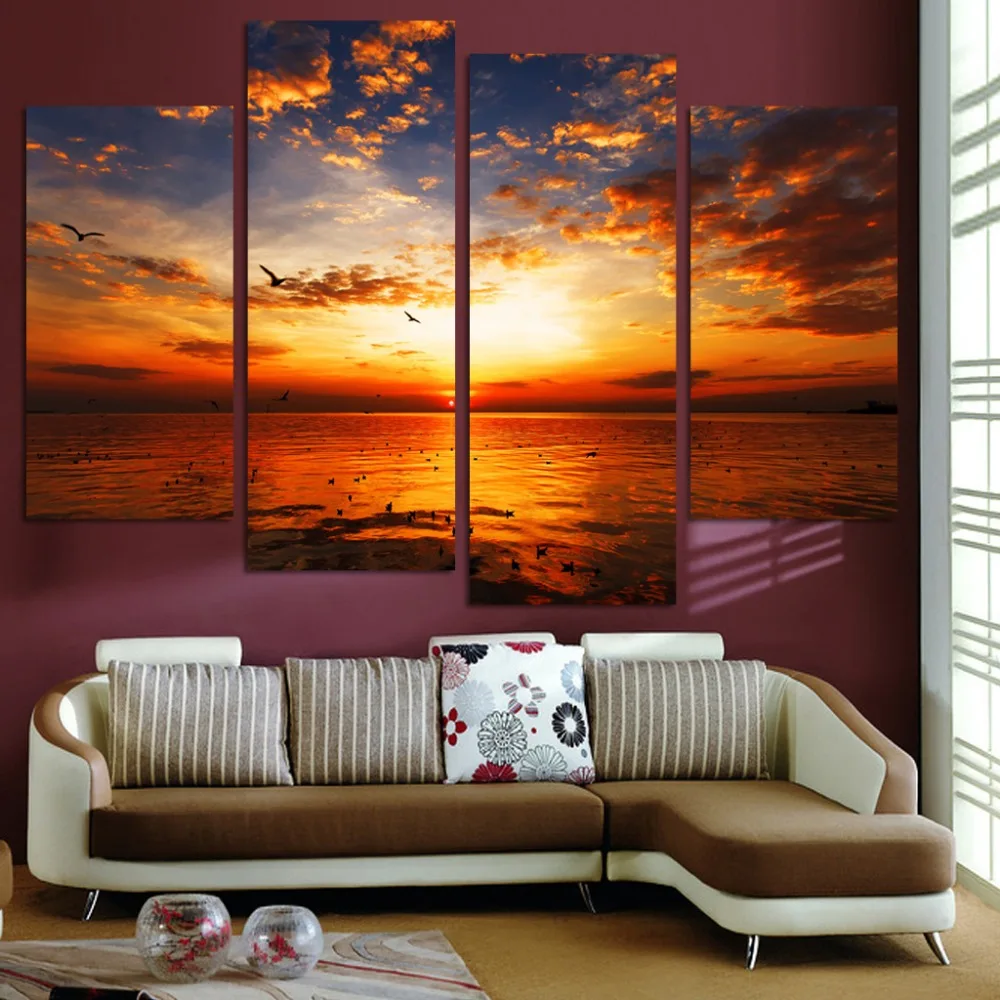 Hot 4 panels wall painting sell sunrise foam on the coast Wall Art ...