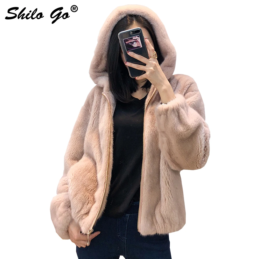 

SHILO GO Fur Coat Womens Winter Fashion whole real Mink Fur short Coat fur hooded Puff sleeve concise loose zipper hoodie coat