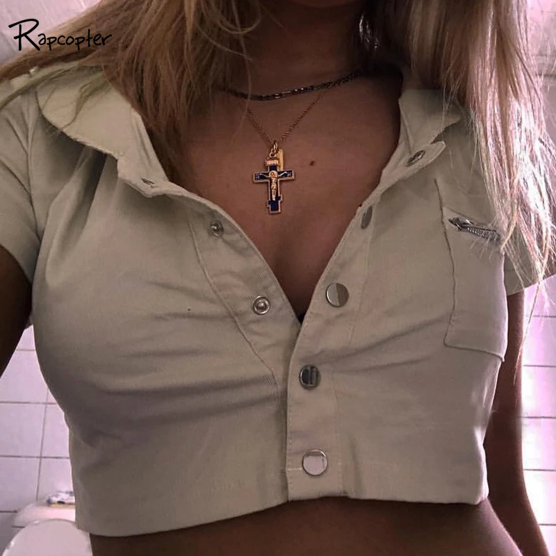 

Rapcopter Five Breasted Short Sleeve Summer Casual Women T shirt Turn-down Collar Pocket Tees Ladies Streetwear Tee Shirts