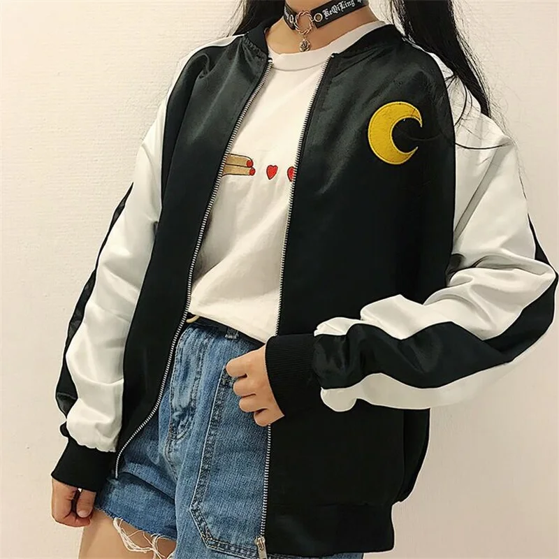 

Japanese Preppy Style Sailor Moon Embroidery Women's Coat Harajuku BF Style Korean Cardigan Spring Autumn Zipper Bomber Jacket