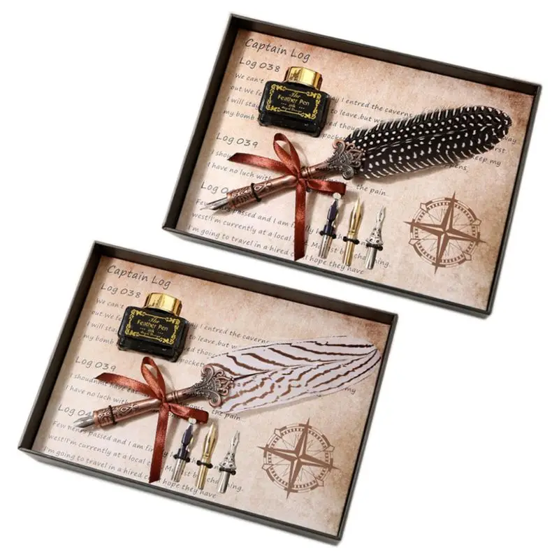 

Free shipping Vintage Feather Quill Dip Pen Fountain Pens With Ink +3 Nibs Set Stationery Gift
