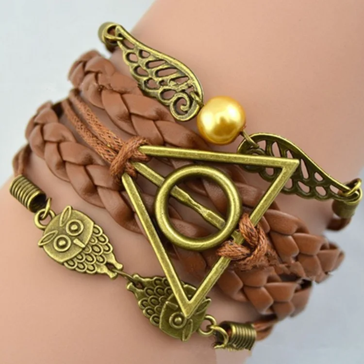 

Anime harri Death Hallows Potter Action Figure Retro Leather Cord Bracelet golden snitch Wings owl Triangle Multilayer Bracelet