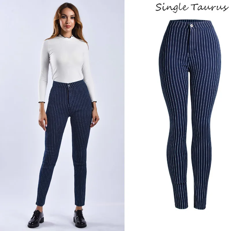 

2019 Spring Stripe High Waist Jean Women Blue Elasticity Skinny Denim Pant Office Lady England Vaqueros Mujer Fashionnova Woman