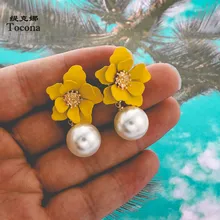 Tocona-pendientes de gota de flores amarillas para mujer, colgante de perla blanca exquisita, joyería de moda, 8071